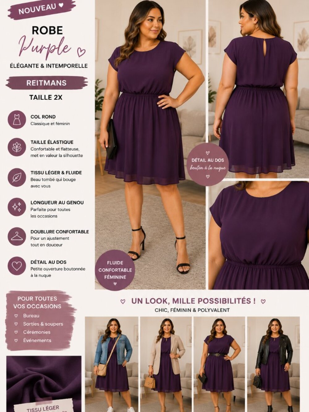 Reitmans Purple Chiffon Dress – Plus Size 2X – Elegant Flowy Knee Length Dress